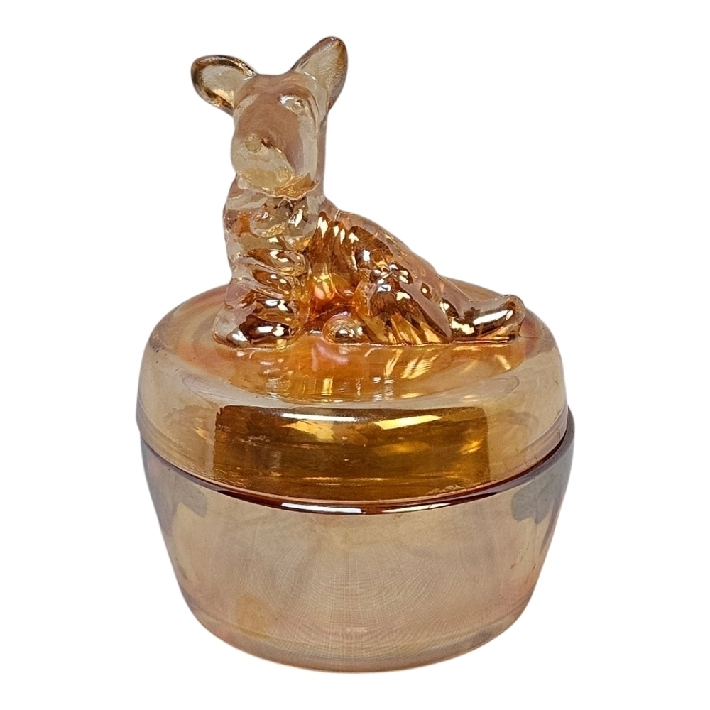Vtg Jeanette Carnival Glass Scottie Dog Trinket Powder Box Dish amber ma…​​​​​